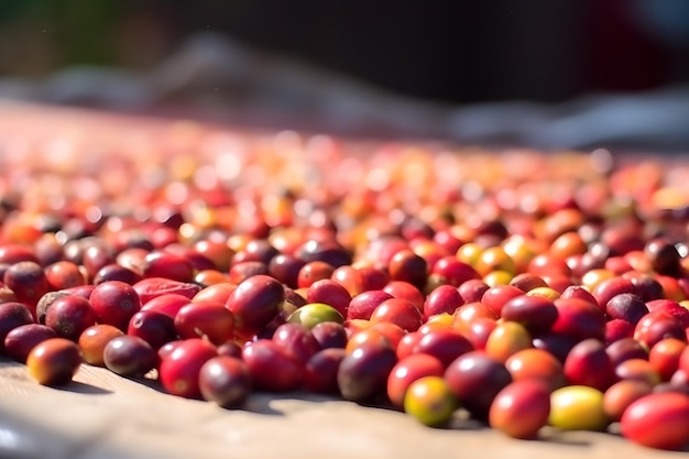 A pile of coffee beans is shown on a table.