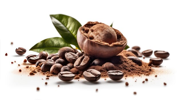 A pile of coffee beans and a nut on a white background