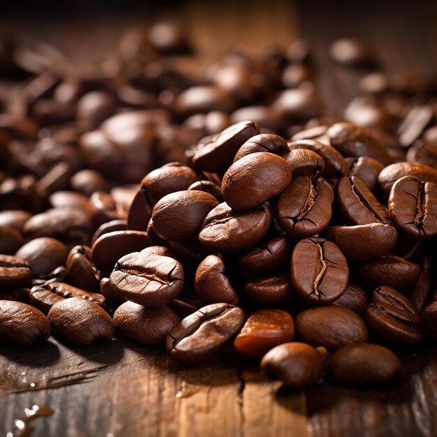 A pile of coffee beans on a rustic wood