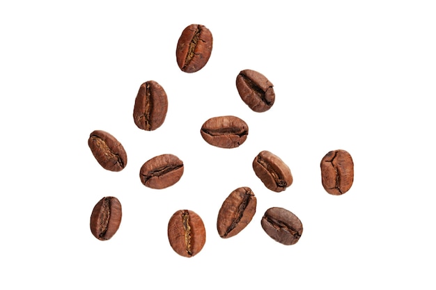 A pile of coffee beans on a white background