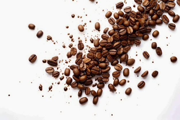 Pile of coffee beans on white surface with white background Generative AI