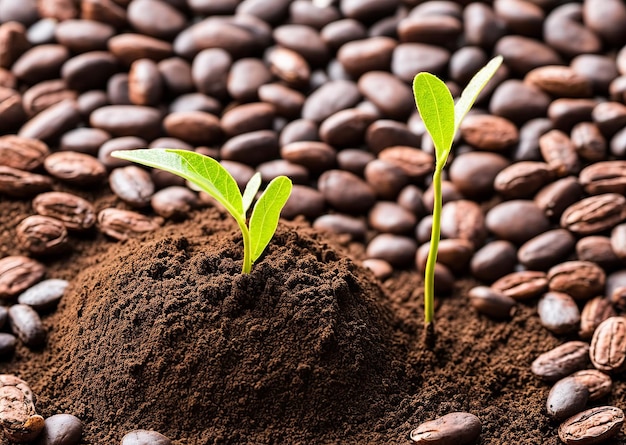 A pile of coffee beans with a plant growing out of it.