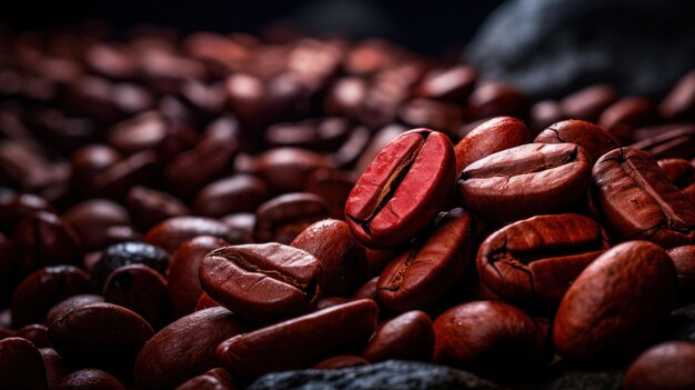 Foto un mucchio di chicchi di caffè con un chicco rosso in cima