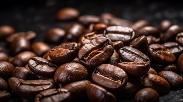 A pile of coffee beans with the word coffee on the top