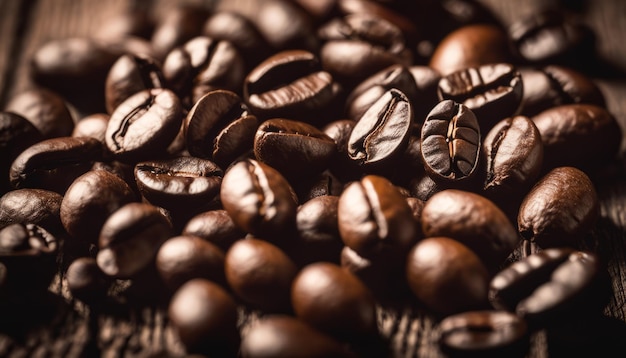 A pile of coffee beans on a wooden table