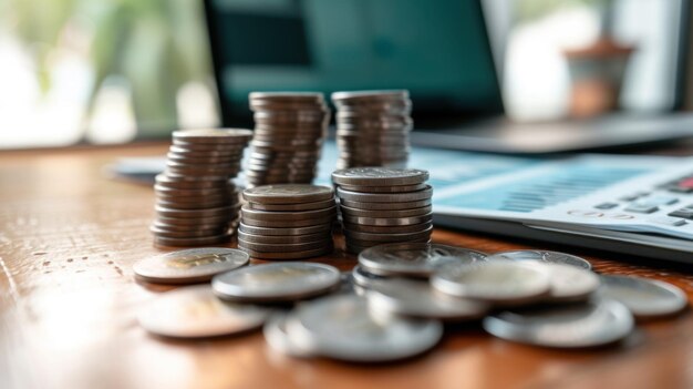 A Pile of Coins Next to a Calculator