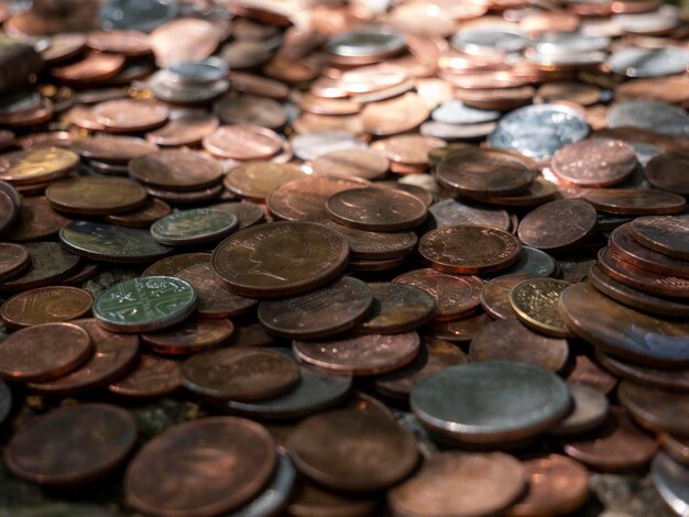 Pile of coins different European and American metal coins money background