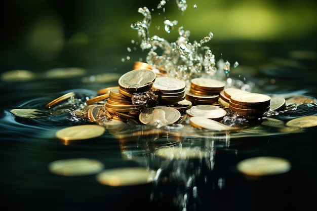 A pile of coins falling onto water and splashing Concept of savings investment and business