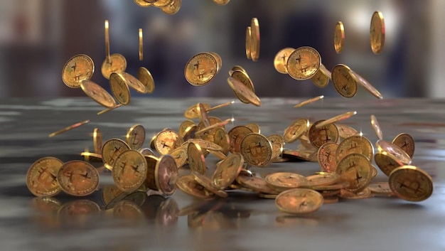 A pile of coins is falling on a table.