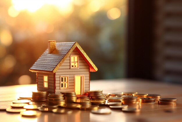 Pile of coins and miniature house on wooden table against blurred background of sunlight future investment concept generative ai