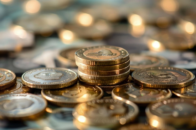 A pile of coins sitting on top of a table