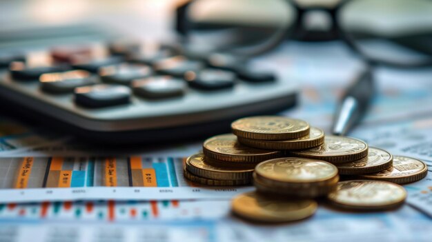 Pile of Coins on Table Next to Calculator