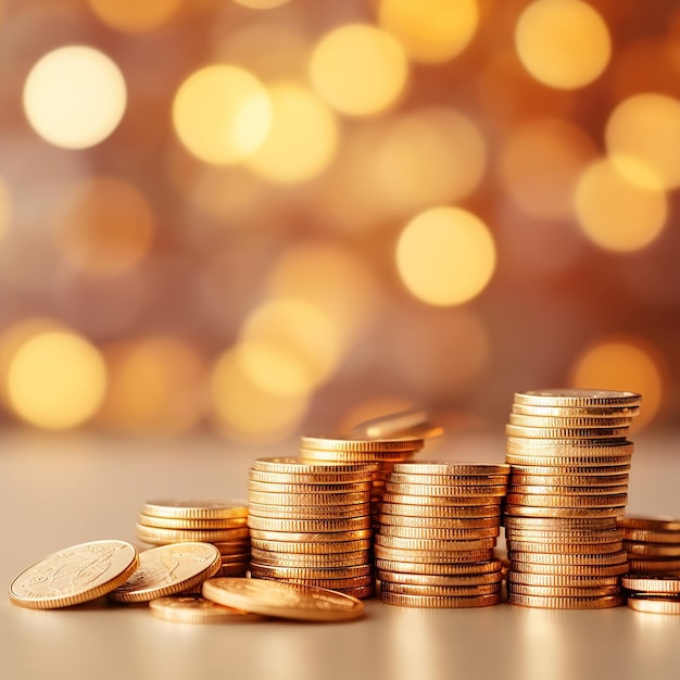 A pile of coins on a table with a gold bokeh background