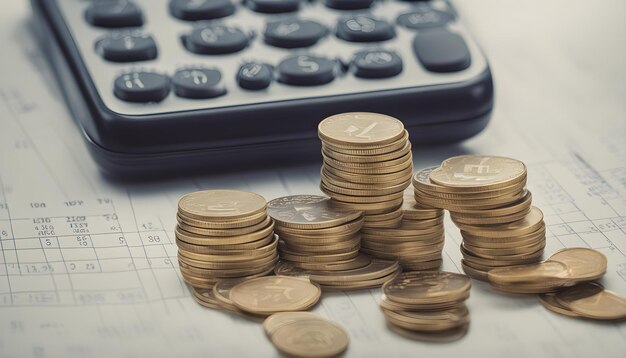 a pile of coins on top of a calculator