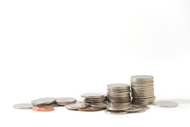 Pile of coins on white background