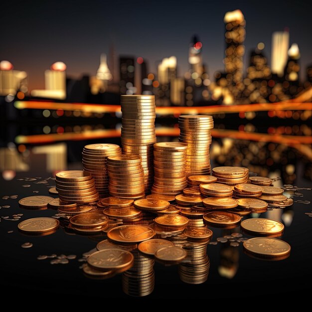 a pile of coins with a city skyline in the background