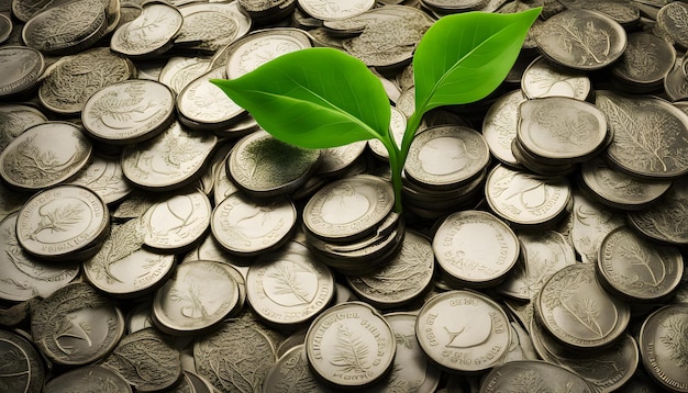 a pile of coins with one leaf hanging off the top