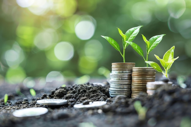 A pile of coins with a plant growing out of it