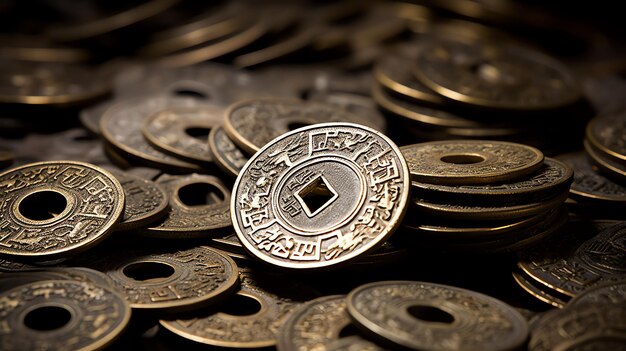 A pile of coins with a square cutout in center