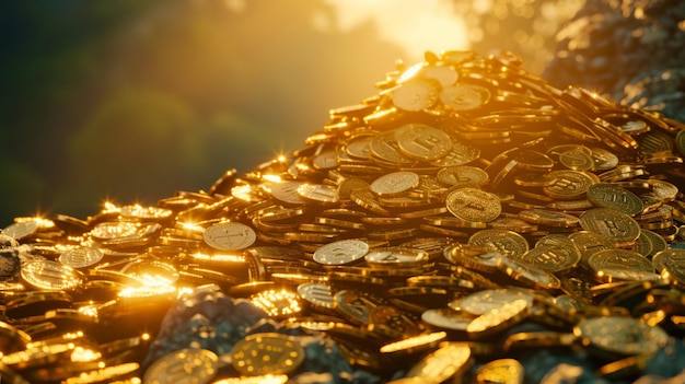 a pile of coins with the sun setting behind them