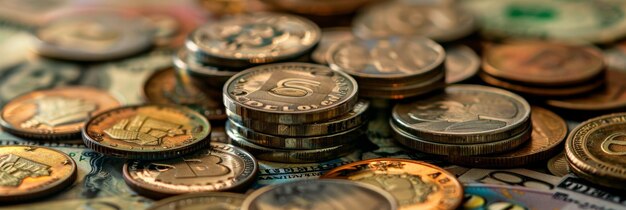 a pile of coins with the word  on the side