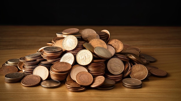 木製のテーブルにコインの山