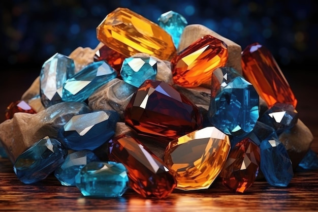 色の宝石の山コレクションは、暗い背景に宝石をミックスします 生成 AI
