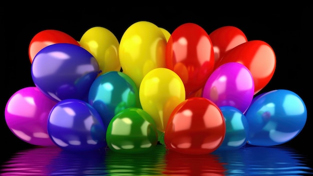 A pile of colorful balloons on a black background