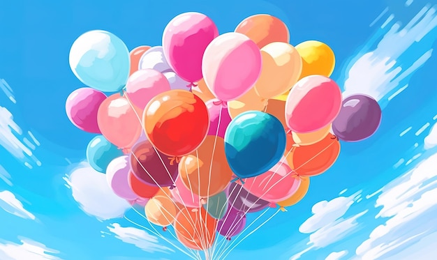 Pile of colorful balloons with helium against the blue sky