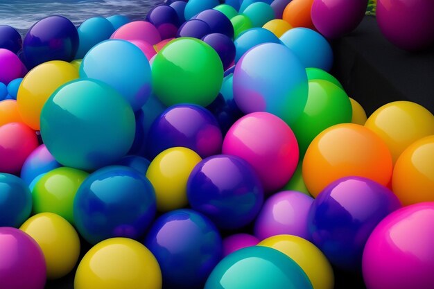 A pile of colorful balls with the word rainbow on it.