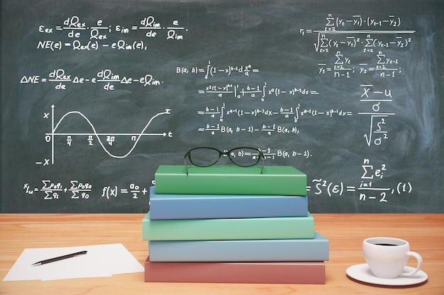 Куча красочных книг, очки и чашка кофе на деревянном столе у доски с уравнениями