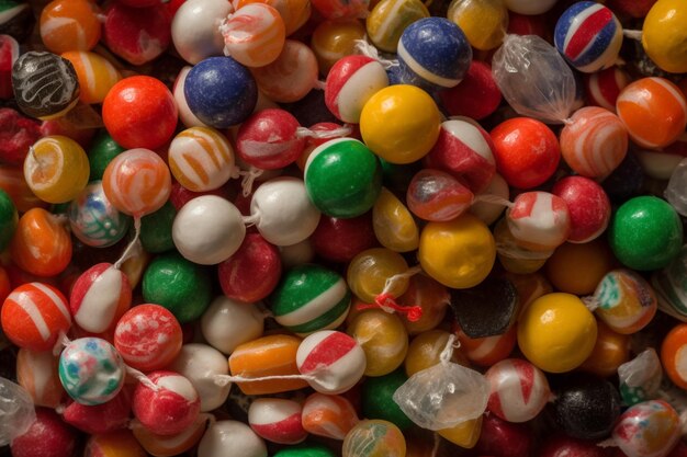 A pile of colorful candies is shown with the word candy on it.