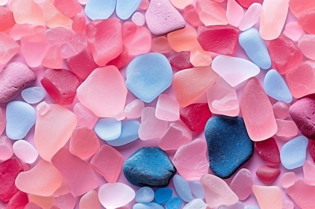 A pile of colorful candy, pink, blue, and pink, blue, pink, are among the colors of the heart shaped candy