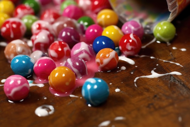 A pile of colorful candy sits on a table.