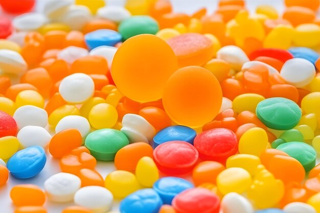 A pile of colorful candy with one that says