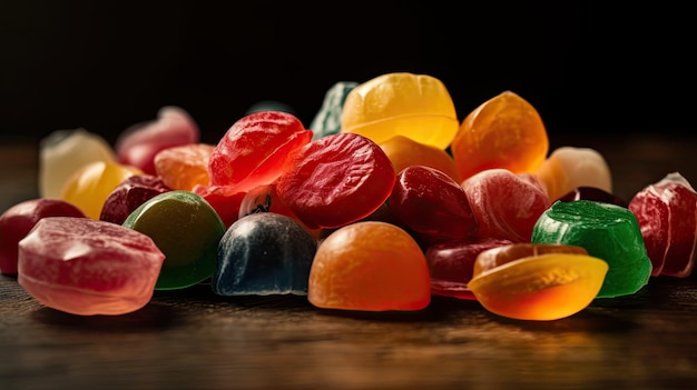 Куча разноцветных конфет на деревянном столе
