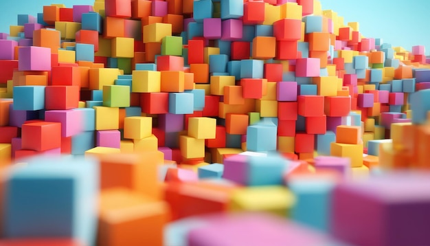 A pile of colorful cubes with one that says " x " on the bottom.