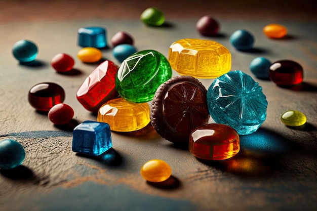 Pile of colorful different types of cough drops on table generative ai