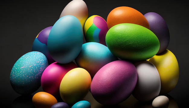 A pile of colorful easter eggs on a black background