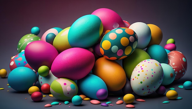 A pile of colorful easter eggs on a dark background