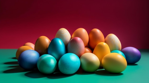 A pile of colorful easter eggs on a green background