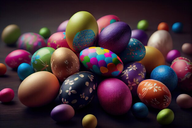 A pile of colorful easter eggs on a table