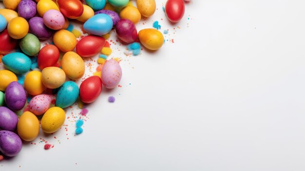 A pile of colorful easter eggs on a white background