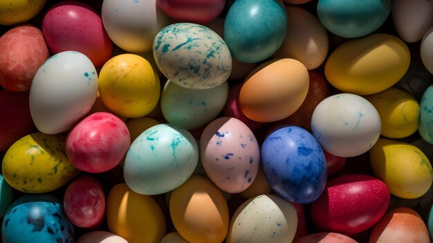 A pile of colorful easter eggs