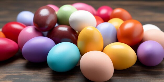 A pile of colorful eggs on a wooden table