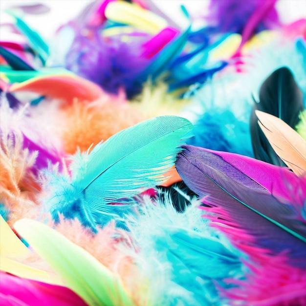 A pile of colorful feathers with the word love on it.