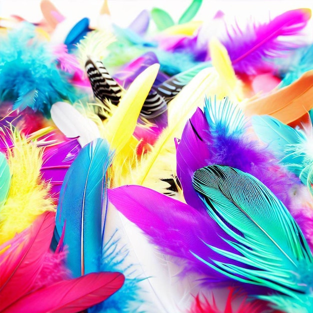 A pile of colorful feathers with the word " love " on the top.