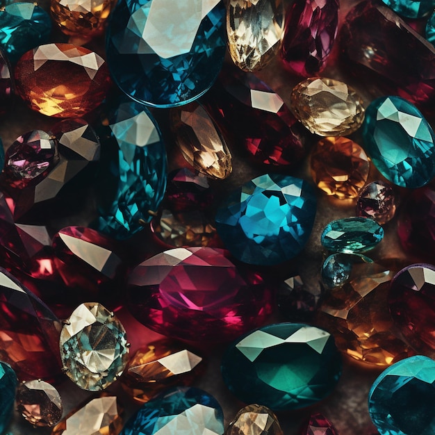 A pile of colorful gemstones is shown.