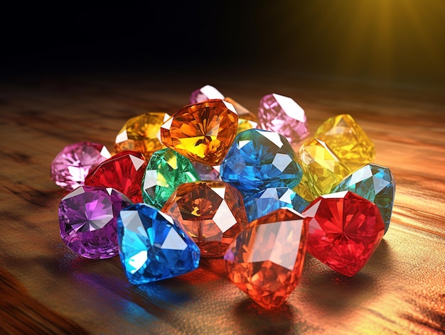 A pile of colorful gemstones is on a wooden surface.