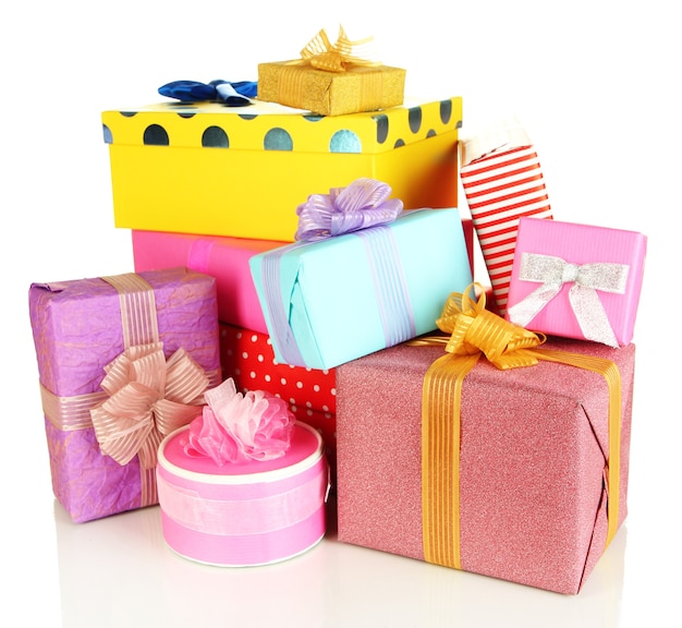 Pile of colorful gifts boxes isolated on white